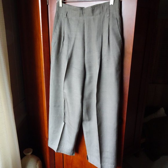 VTG 90's Ann Klein II Pewter 100% Silk wide leg  cutoff slacks - Picture 1 of 10